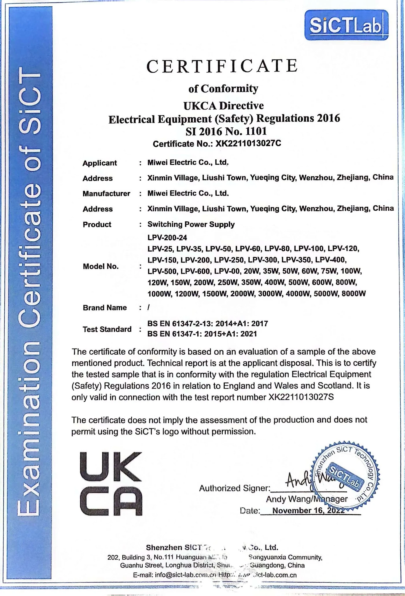 UKCA certificate (XK2211013027C)